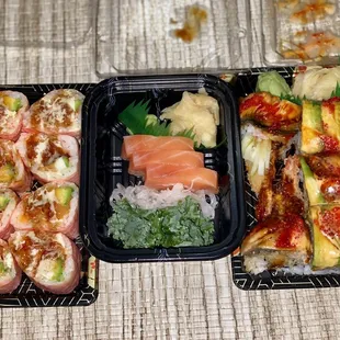 Dragon Roll, smoked salmon sashimi and hot girl roll.