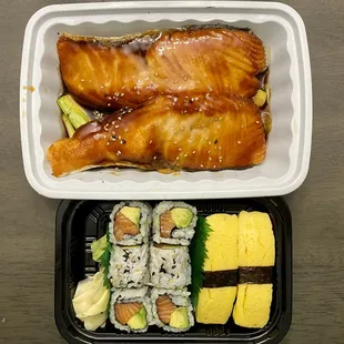 Teriyaki salmon and salmon avocado rolls