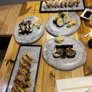 a variety of sushi dishes