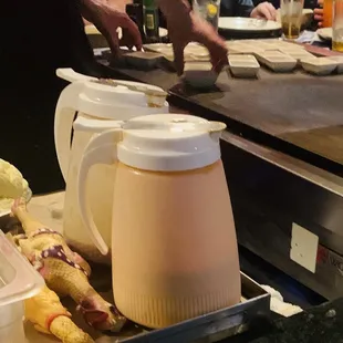 Prepping the side sauces