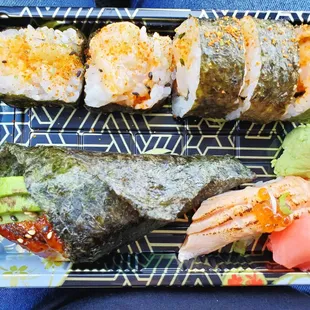 Spicy Scallop Roll, Unagi Hand Roll, &amp; Seared Salmon Belly Sushi