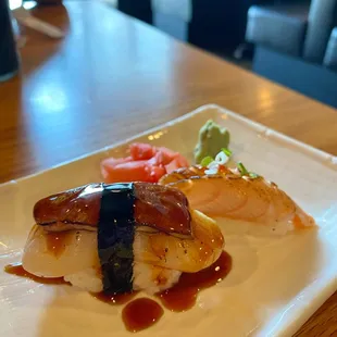 Foie Gras &amp; Scallop (front) and Seared Salmon Belly (back)