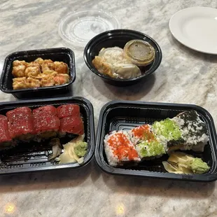 Tuna Lover Roll, Tobiko Lava Roll, Holiday Roll and fried Pork Gyoza...delicious!!