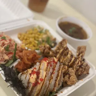Crispy Chicken bento box; mashed potatoes with braised beef gravy