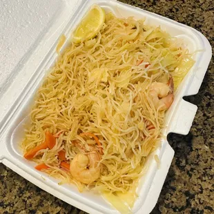 Pancit Bihon with Shrimp - bland, no pea pods or celery. Just terrible