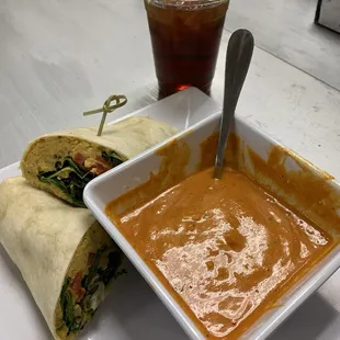 Hummus Wrap, Roasted Red Pepper Soup, Iced Tea