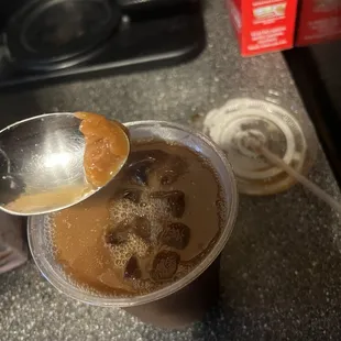 Caramel chunks in iced coffee