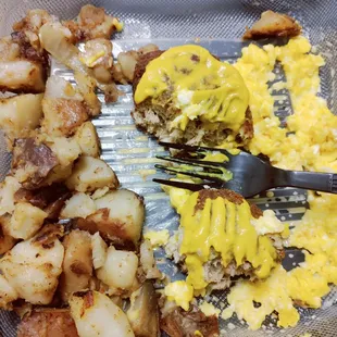 I had to put something on the salmon cakes to make them tasty better mustard didn't help eggs nasty home fries have a different taste.