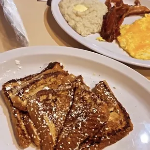 French toast platter with scrambled eggs with cheese, grits and bacon 3