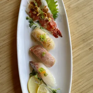 Toro, tiger shrimp, scallop and red snapper.