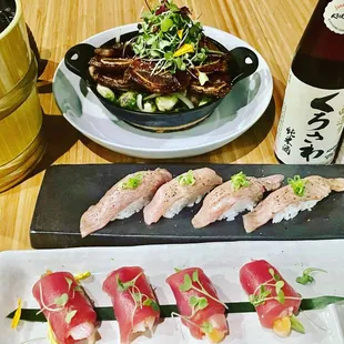 Wagyu Nigiri, Yellowtail, salmon crab stick, avocado wrap with tuna