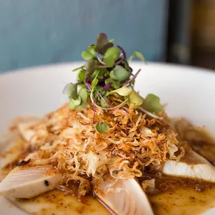 One of our specialty cold dishes, Albacore w/ Crispy Onions.