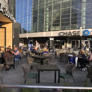 Outdoor dining area facing the arena