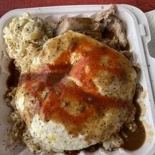 Loco Moco with roasted pork, potato salad.