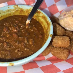 Chili with tots &amp; dude if pimento cheese.
