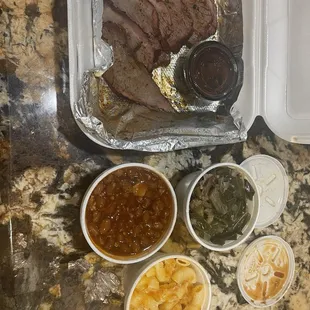 Tri tip baked beans, greens, Mac &amp; cheese