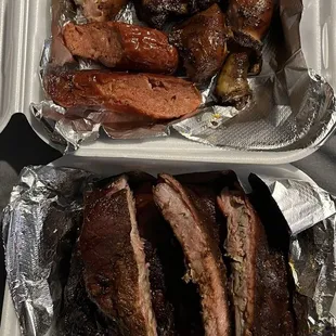 Top: Two way combo chicken &amp; link Bottom: 1/2 Slab of Ribs