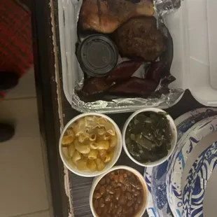 Chicken, hot link, greens, Mac &amp; cheese and baked beans