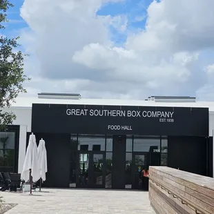 Out front of the food hall