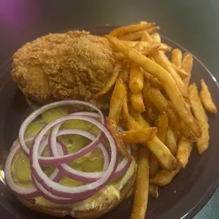 Fried chicken sandwich and fries.