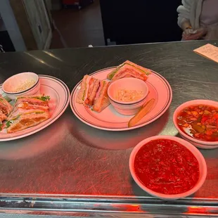 Club sandwich  with soup and chili.