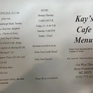  the menu for the restaurant