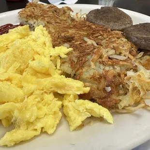 Eggs, hash brown, and sausage. So yummy! Then the Waffles were great! Definitely be coming back.