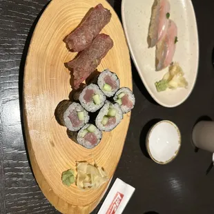 Wagyu nigiri, tuna cucumber roll, aji nigiri daily special