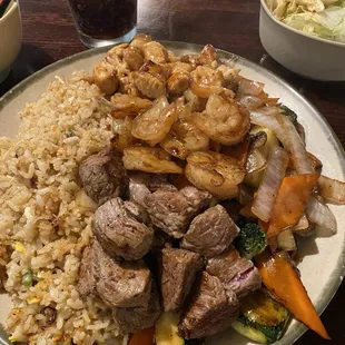Filet mignon, shrimp, and chicken hibachi dinner
