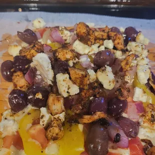 Medditranian Pizza Add extra Feta and Blacked Chicken