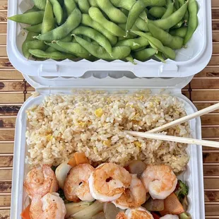 (･‿･) /ﾟ Let&apos;s dig in on this cold Sunday afternoon for warm Edamame and Shrimp Hibachi Lunch @ Kaze Poke &amp; Hibachi-State Rd 13.