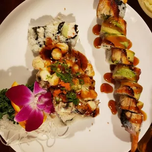 B.S.C.R &amp; California with shrimp tempura on top eel and avocado, forgot the name