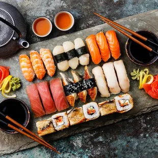 a variety of sushi on a platter