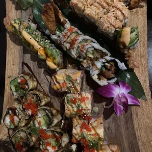 L-R: Crazy, Mermaid (with avocado on top), Spectrum, Spider, Butterfly rolls