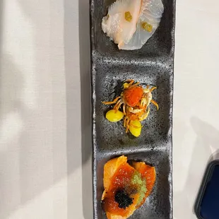 Halibut, candied crab, monk fish liver