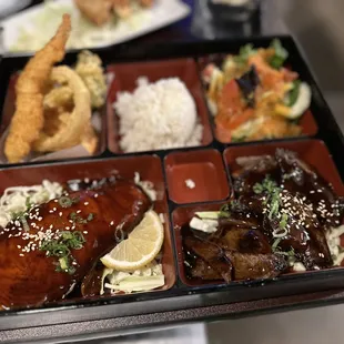 Dinner box combo with salmon and beef teriyaki