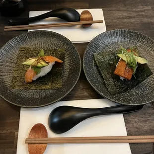 Salmon-Yuzu Roll and Vegan Salmon Roll