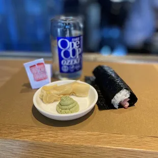 Cold Sake,  lobster hand roll, ginger &amp; wasabi