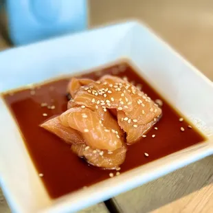 This salmon sashimi surprised my daughter and me, who normally don&apos;t like salmon sushi at all. Kudos on converting us!