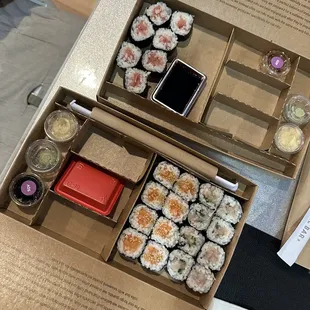 Salmon roll, hamachi roll &amp; toro roll.