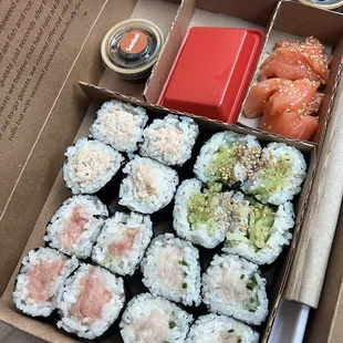 Takeout: Toro, Yellowtail, Crab, Cucumber cut rolls. Salmon sashimi.