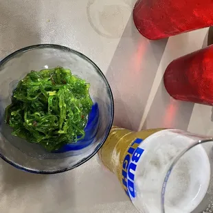 seaweed salad (allegedly vegan) and mich ultra