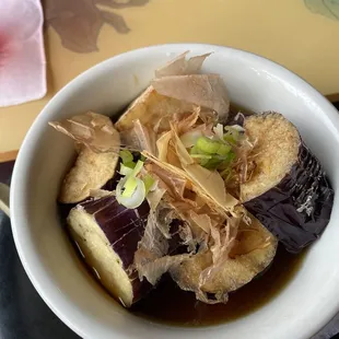 Eggplant agadashi with fish flakes.