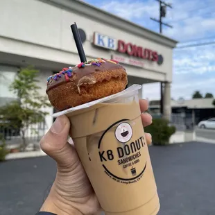 Rainbow Sprinkled Donut and Vietnamese Iced Coffee (TikTok: @justandyvu)