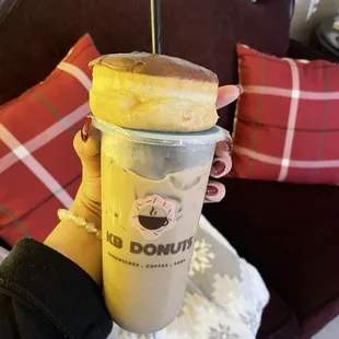 Vietnamese iced coffee, chocolate doughnut