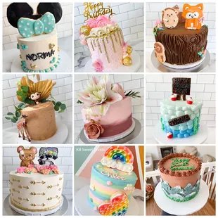a variety of decorated cakes