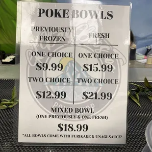 Pricing for poke bowls