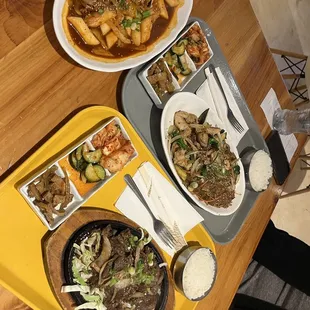 Top- Dukbokki, Right- Japchae, Bottom- Beef Bulgogi