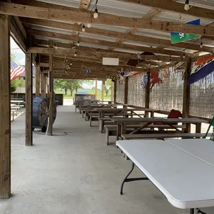 a picnic area with tables and benches