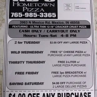 KB's Hometown Pizza in Mexico, Indiana. Cash and carryout only!